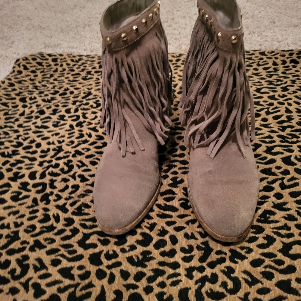 Michael Kors Fringe Suede Ankle Boots With Gold Detail Studs- TAN